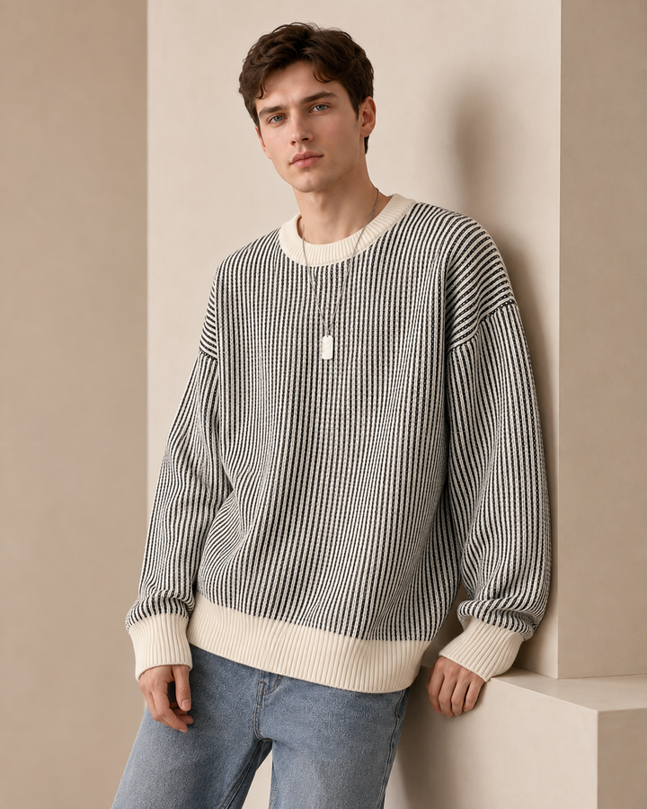 Men's jumper showing the ribbed crew neckline
