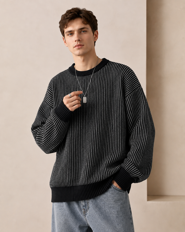 Crew neck design on a men's textured stripe jumper