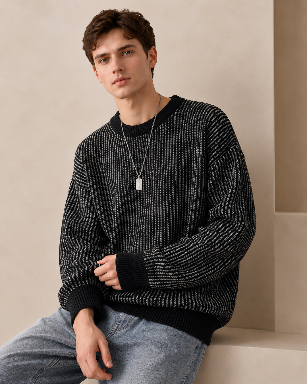 Men's jumper showing textured stripe knit detail