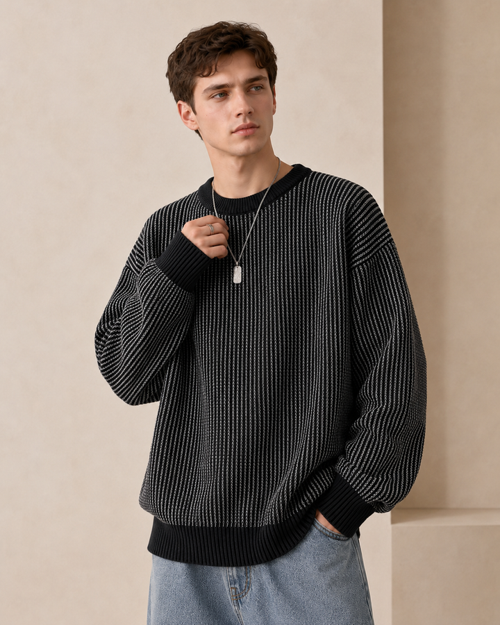 Men's textured stripe crew neck jumper front view