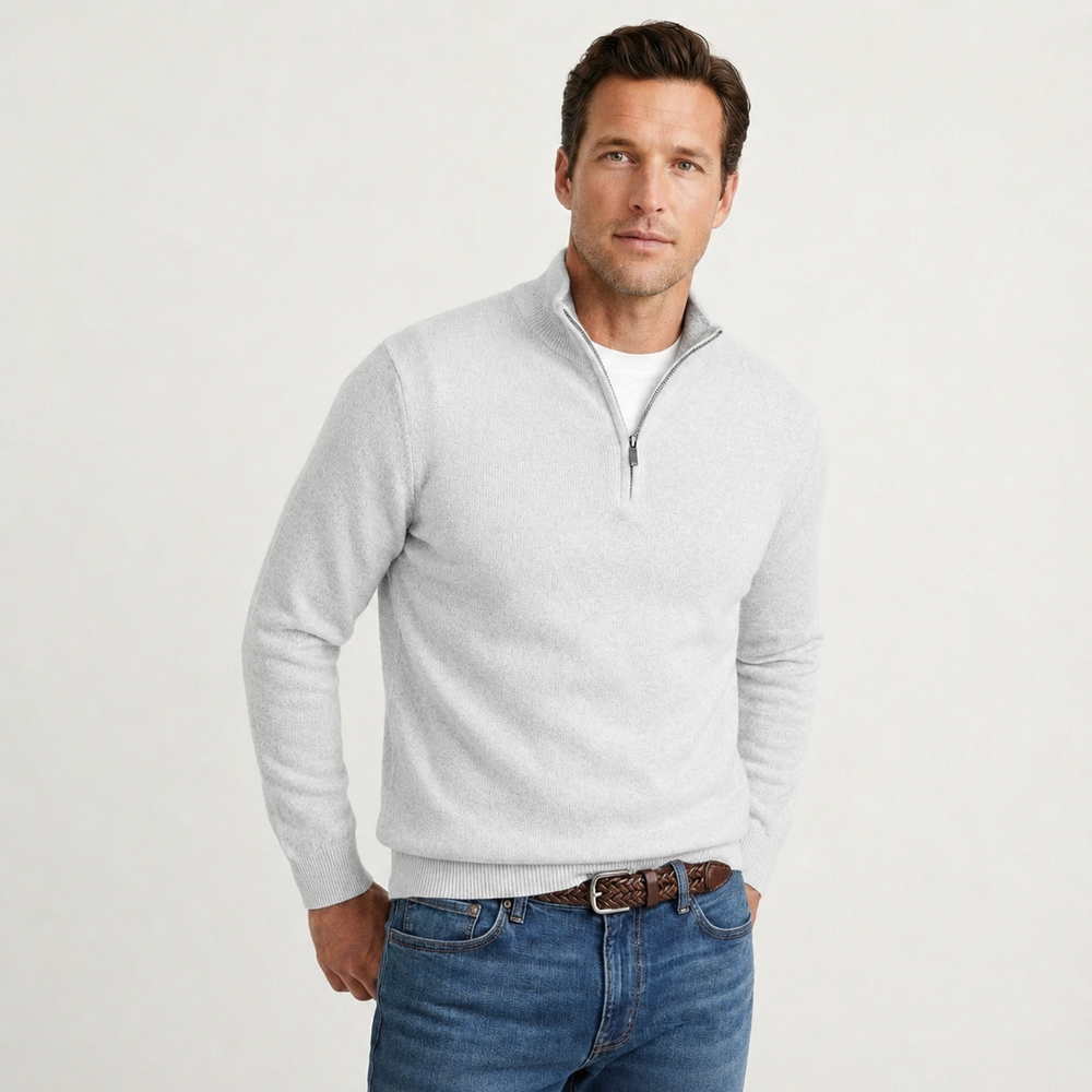 Men's knitted quarter zip jumper showing the stand collar