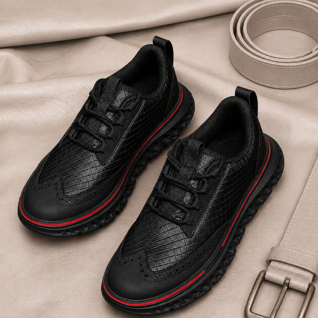 Close-up of textured detailing on men's brogue sneakers