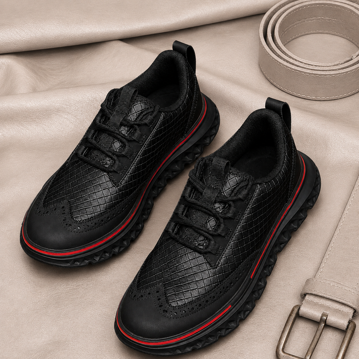 Close-up of textured detailing on men's brogue sneakers