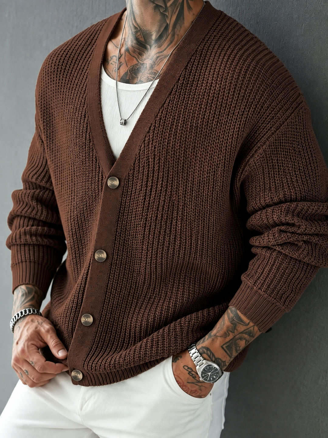 Full view of the men's V-neck cardigan