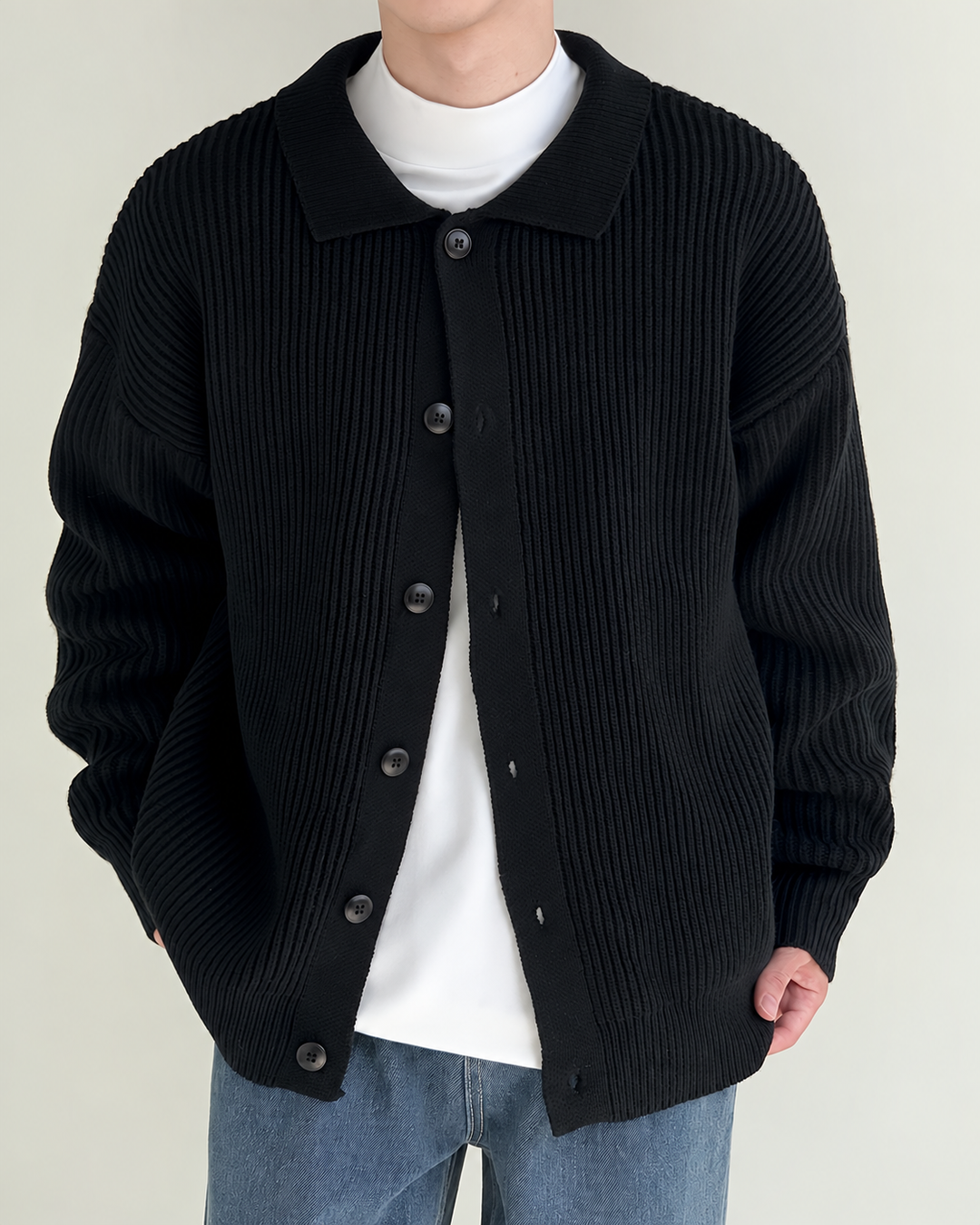 Side view of a men's pointed collar cardigan