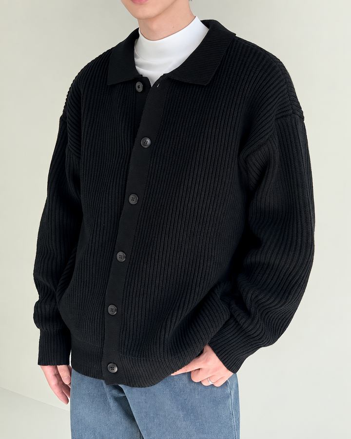 Men's ribbed cardigan shown from the back