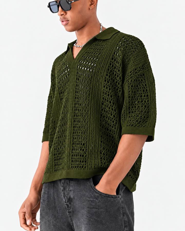 Men's open-knit lattice polo shirt shown from the front