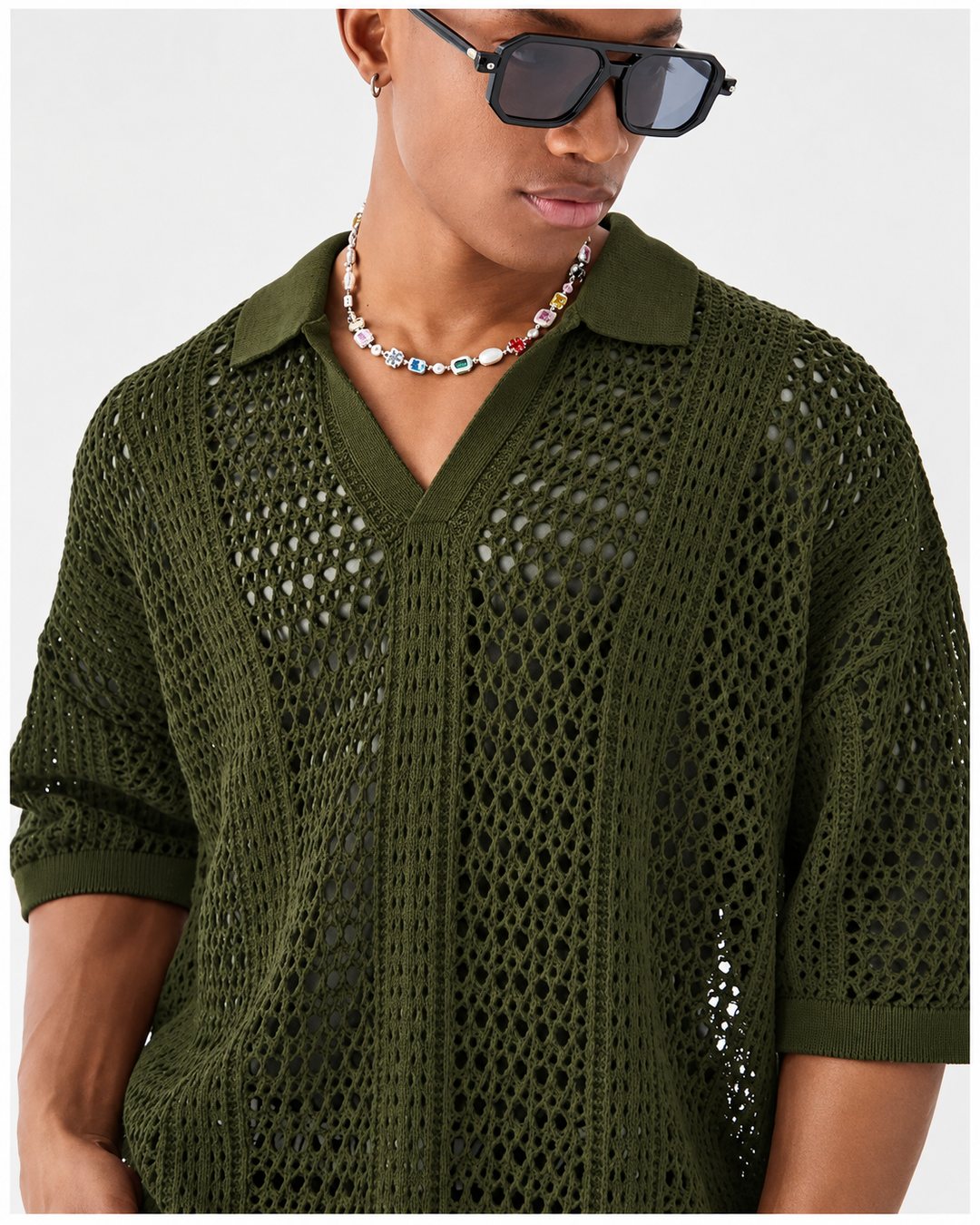Men's lattice polo shirt with an open-knit texture