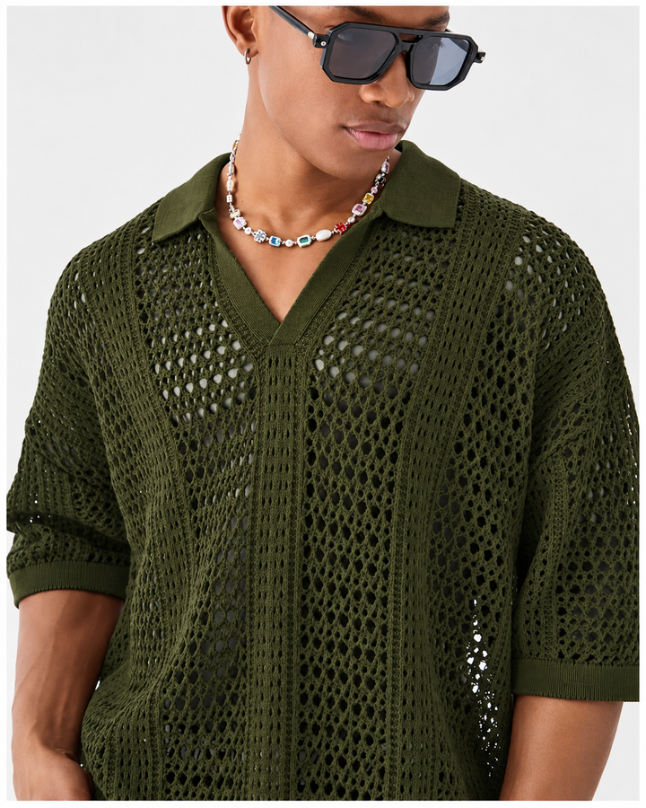 Men's lattice polo shirt with an open-knit texture