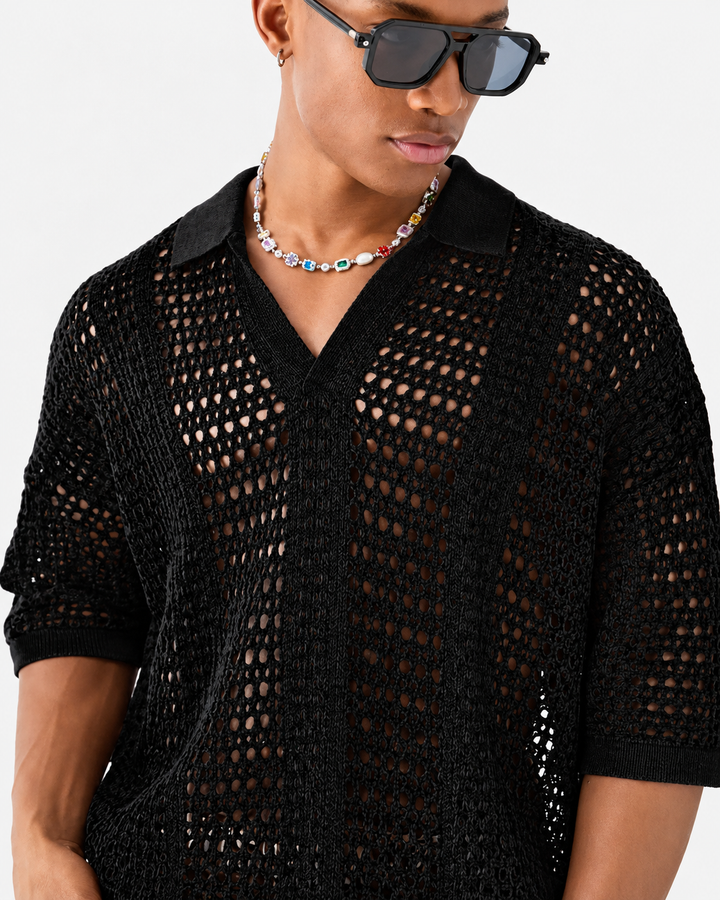 Detail of the ribbed collar on a men's open-knit polo shirt