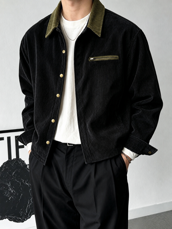 Men's corduroy shirt jacket with a contrast collar, front view