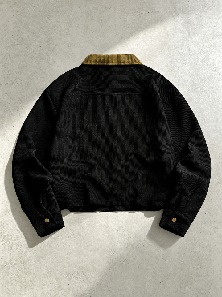 Front detail of a men's corduroy shirt jacket with contrast collar
