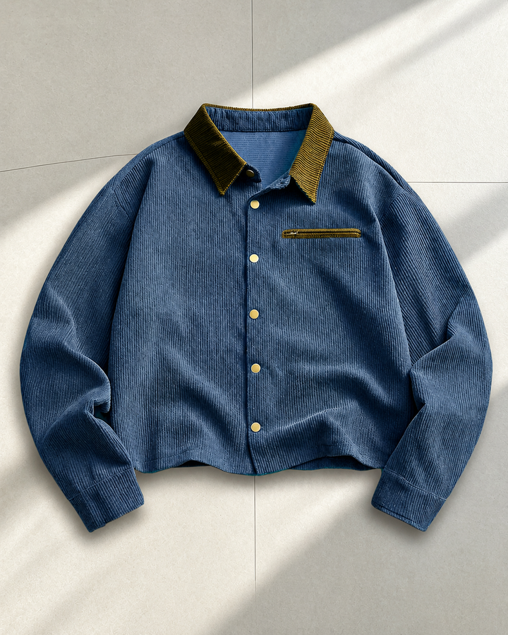 Men's corduroy shirt jacket showing the button fastening and front