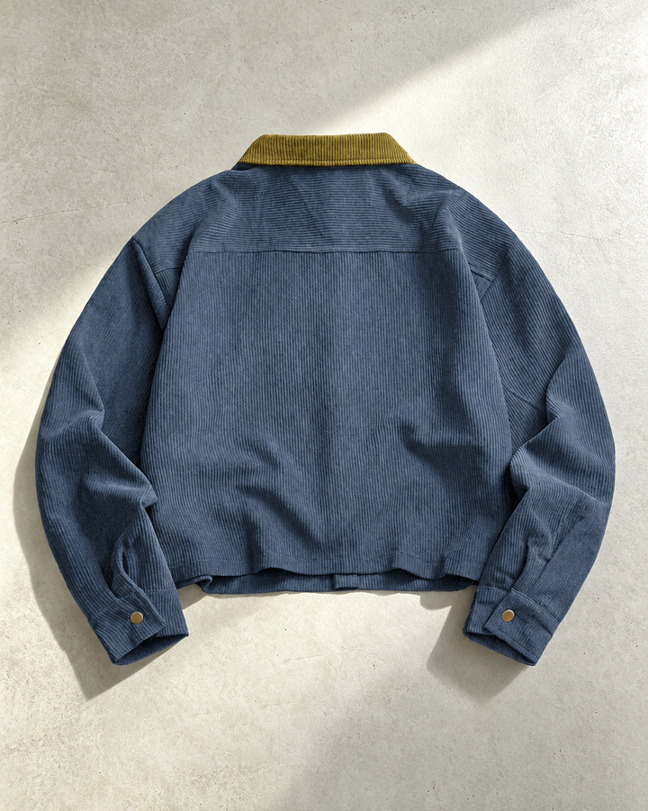 Side view of a men's corduroy shirt jacket with relaxed fit