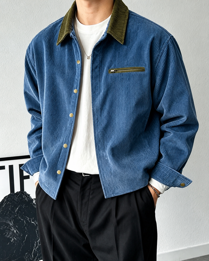 Close-up of the contrast collar on a men's corduroy shirt jacket