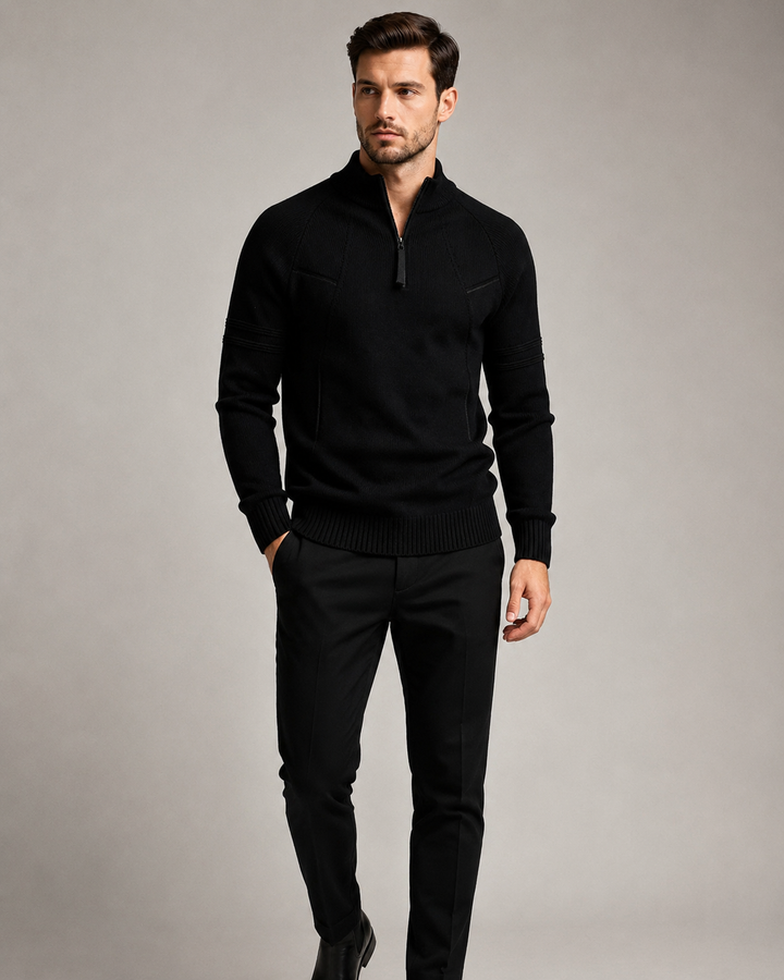 Men's knit zip jumper shown with its long sleeves and fitted cut