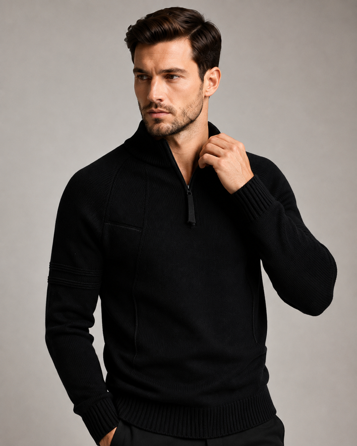 Detail of the front zip and ribbed trim on the men's jumper