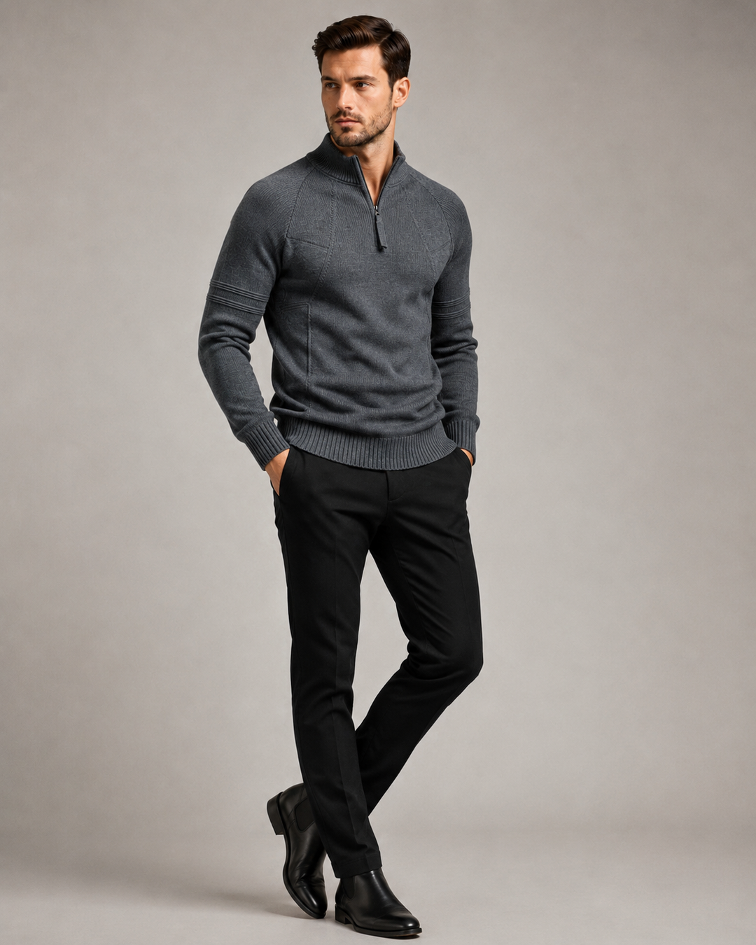 Men's fitted jumper displayed flat to show its knitted construction