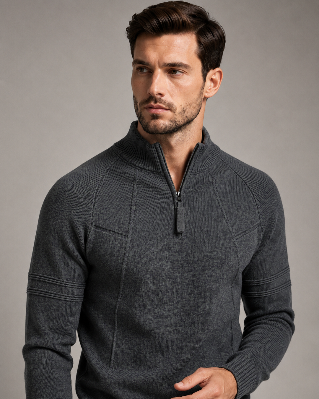 Close-up of the jumper's neckline and front zip fastening