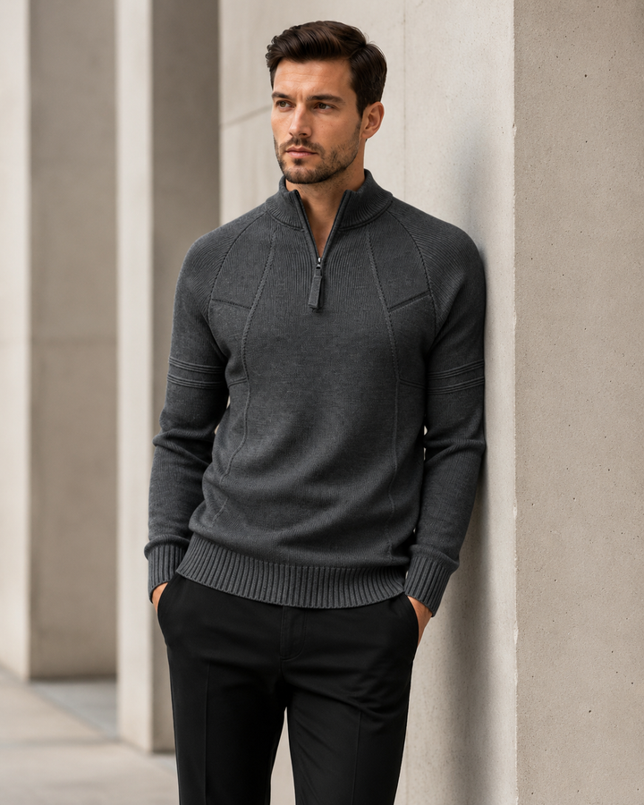 Full view of the men's fitted knit zip jumper for everyday layering