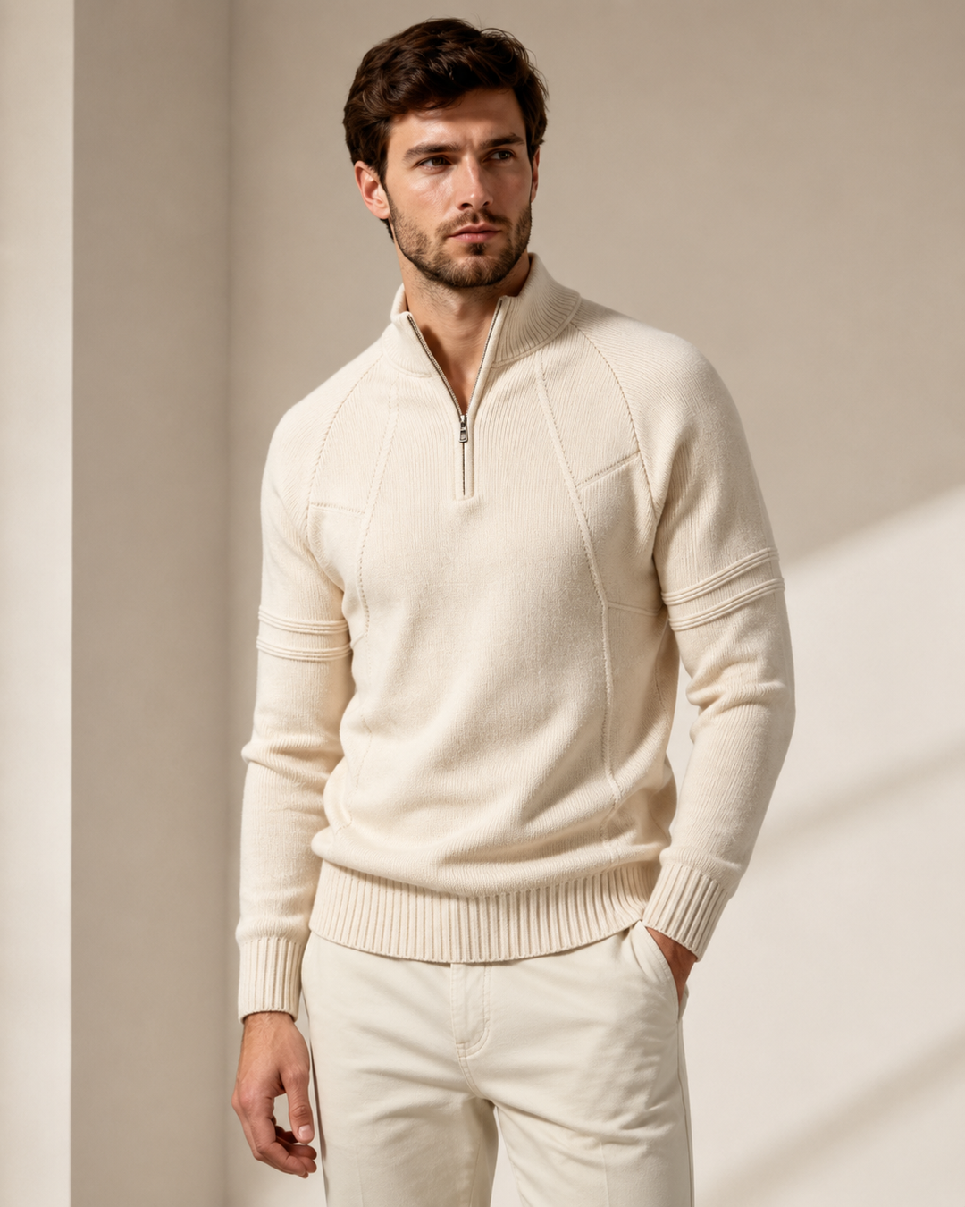 Close-up view of the men's jumper's knitted texture and zip fastening