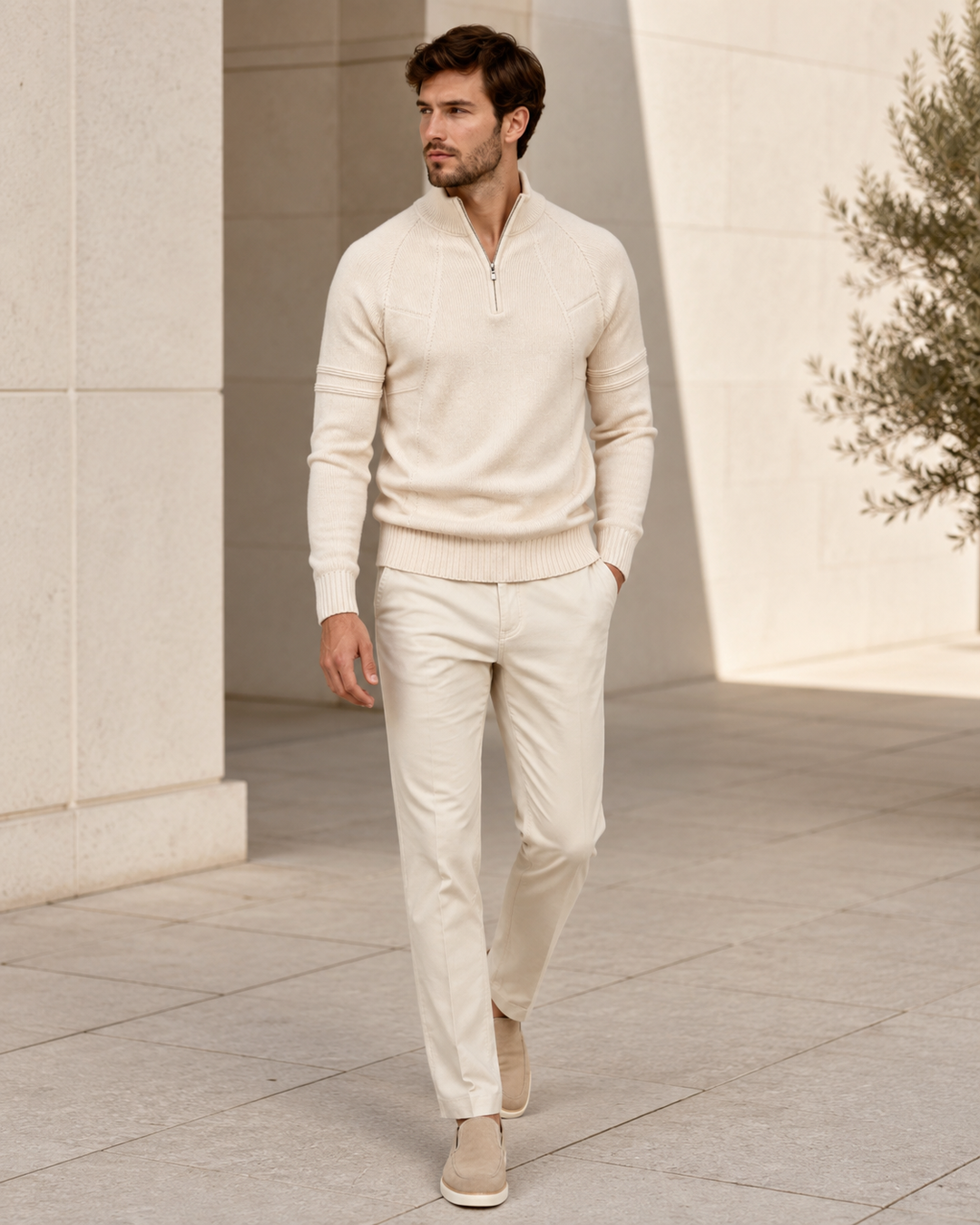 Side view showing the fitted shape of the men's knit jumper