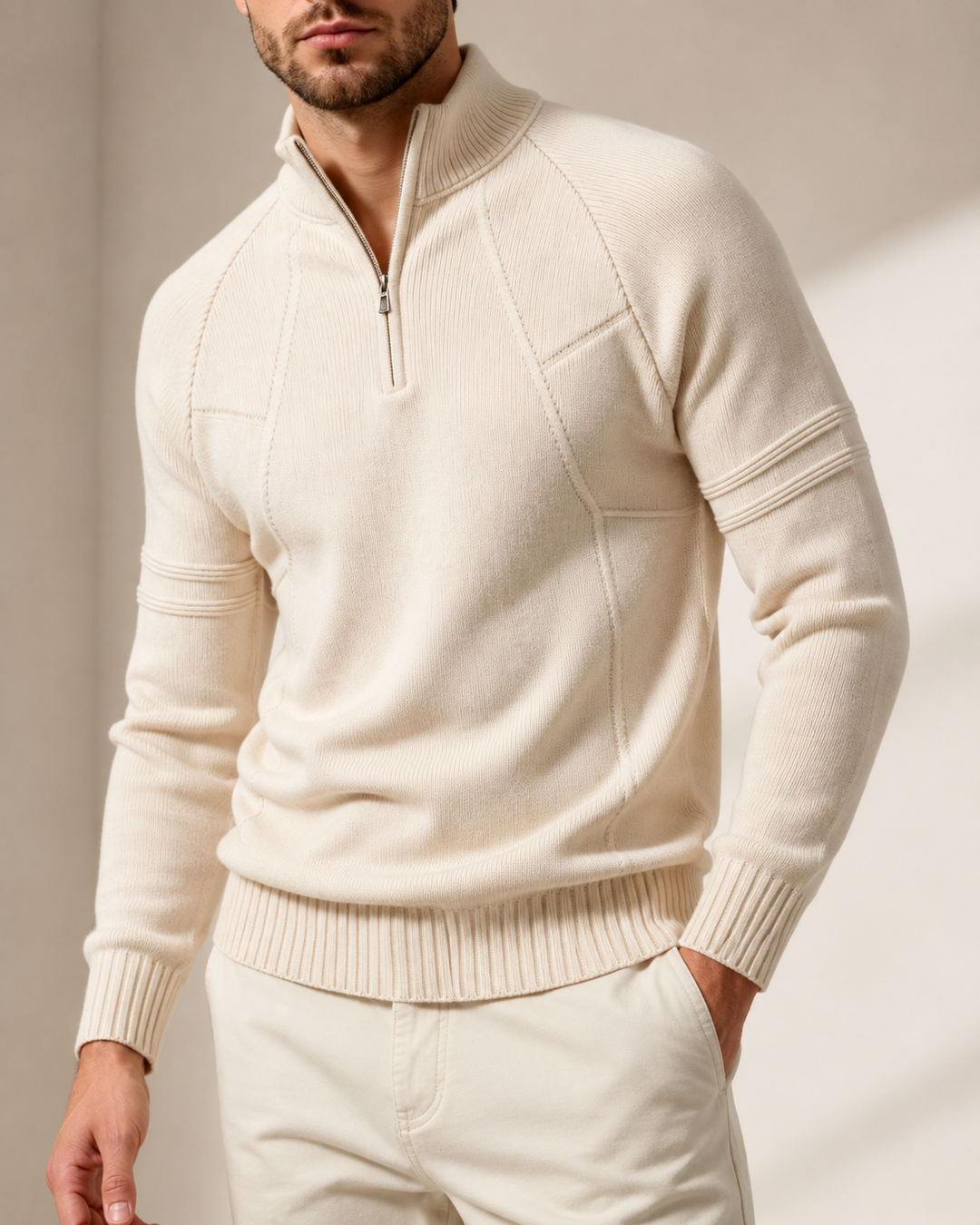 Men's fitted knit zip jumper shown from the front