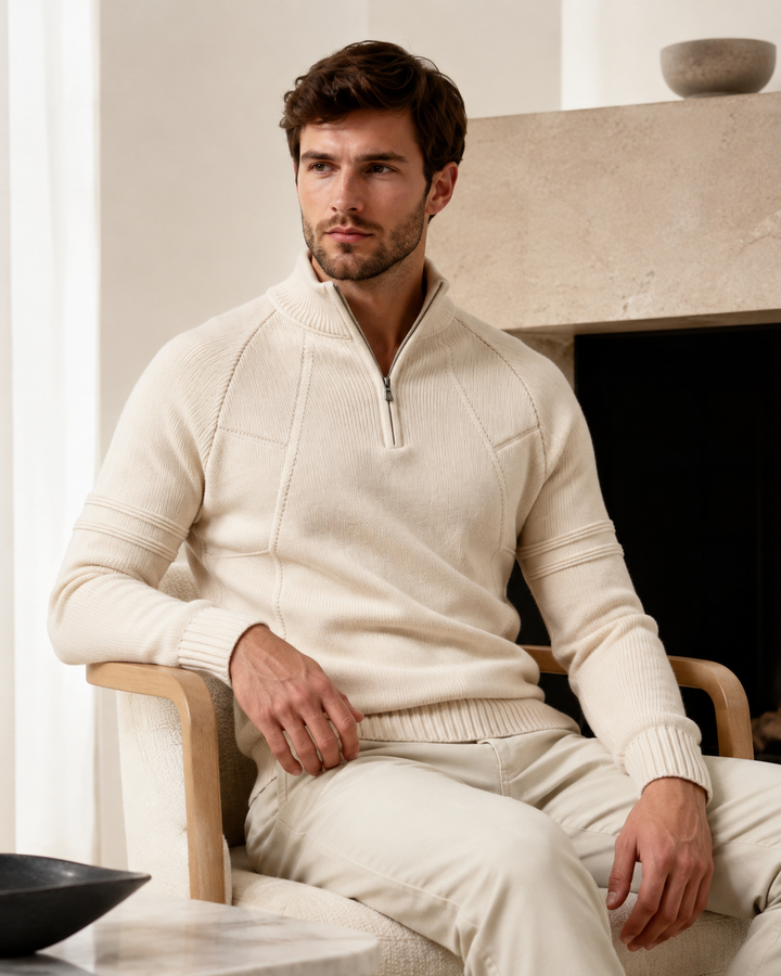 Men's fitted knit jumper displayed with the zip partially open