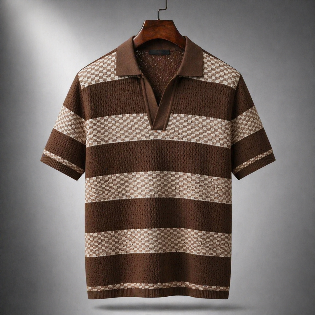 Side view of the men's striped knit polo shirt showing the fit and short sleeves