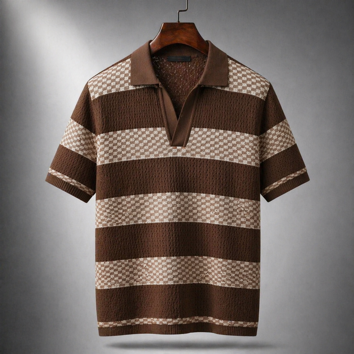 Side view of the men's striped knit polo shirt showing the fit and short sleeves