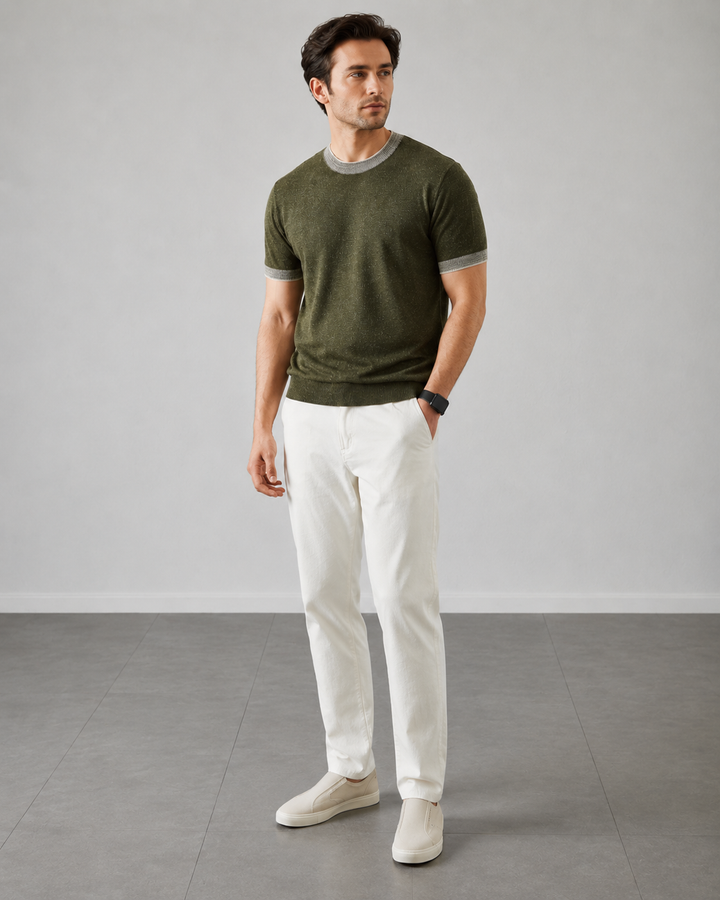 Men's contrast knit T-shirt styled for a casual outfit