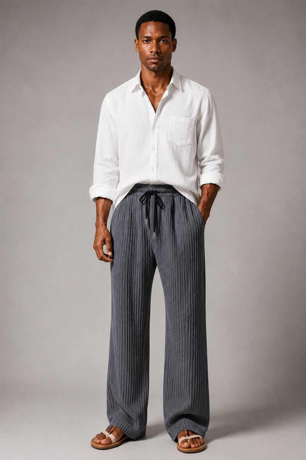Full-length view of men's straight-leg ribbed trousers in relaxed fit