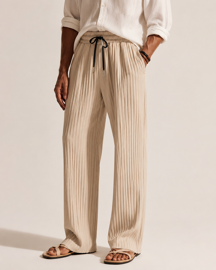 Close-up of the ribbed fabric texture on men's straight-leg trousers