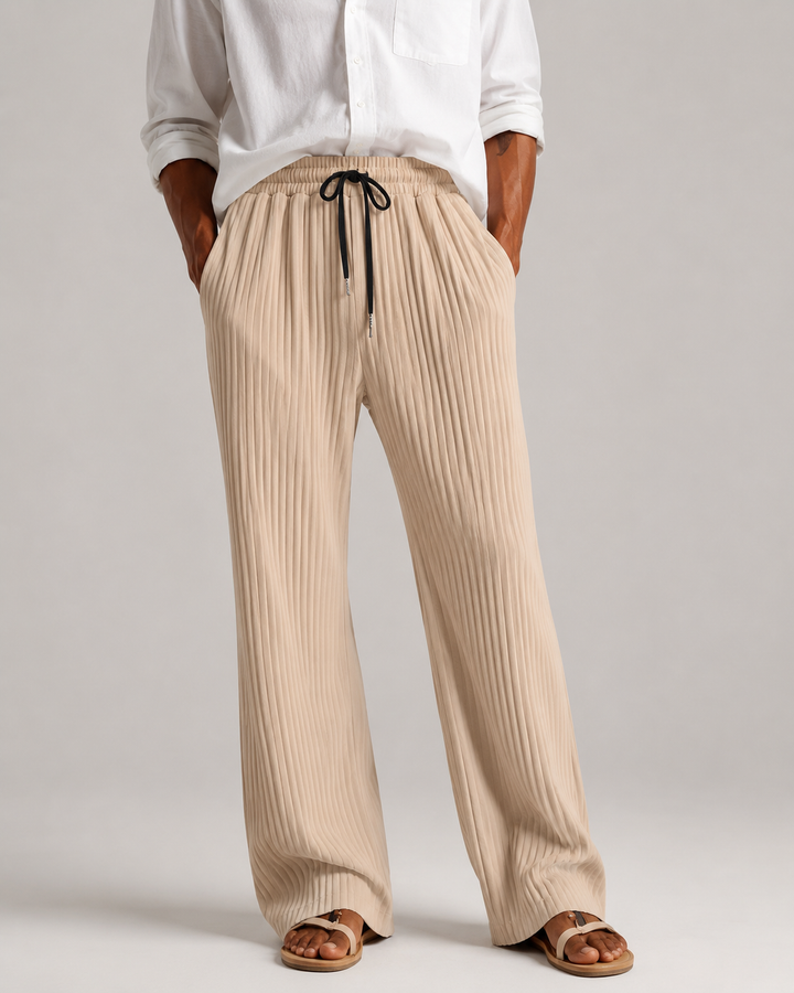 Side view of men's relaxed-fit straight-leg ribbed trousers