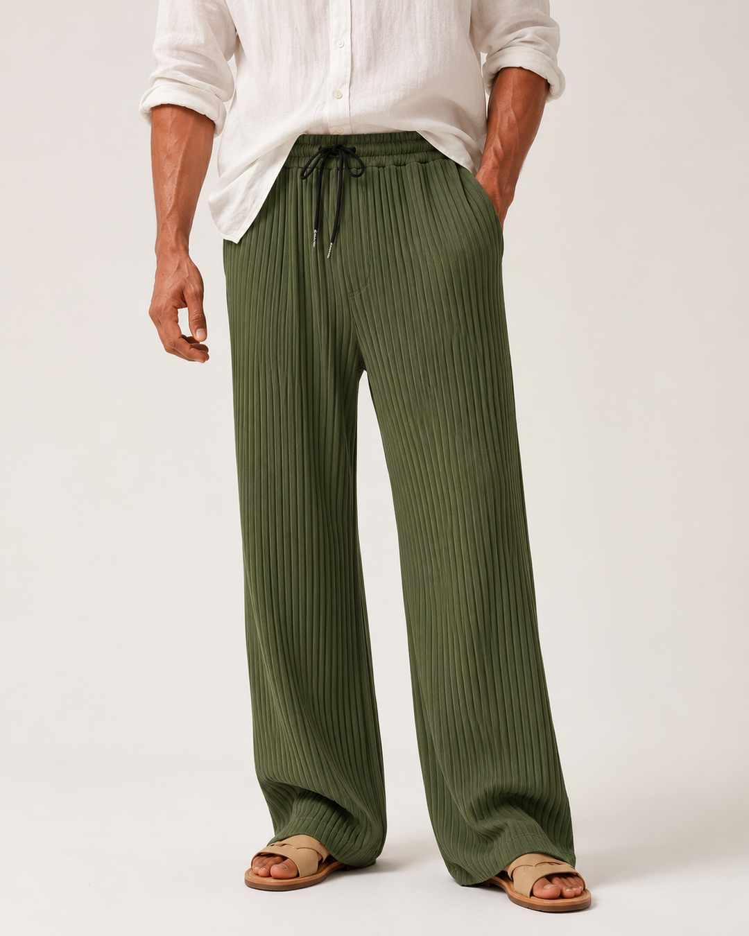 Men's straight-leg ribbed trousers styled in a full outfit