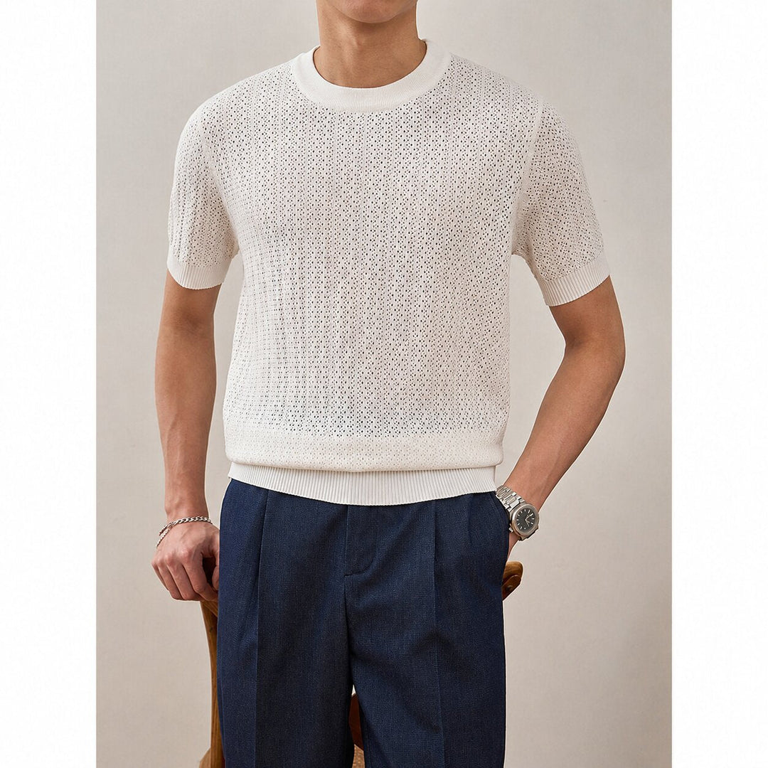 Men's textured knit T-shirt in textured fabric close-up detail