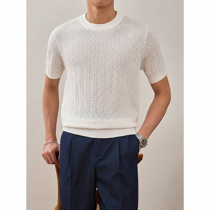 Men's textured knit T-shirt in textured fabric close-up detail