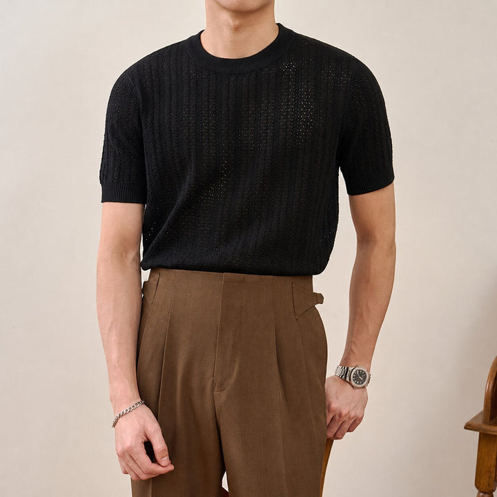 Model wearing men's textured knit T-shirt with short sleeves front view