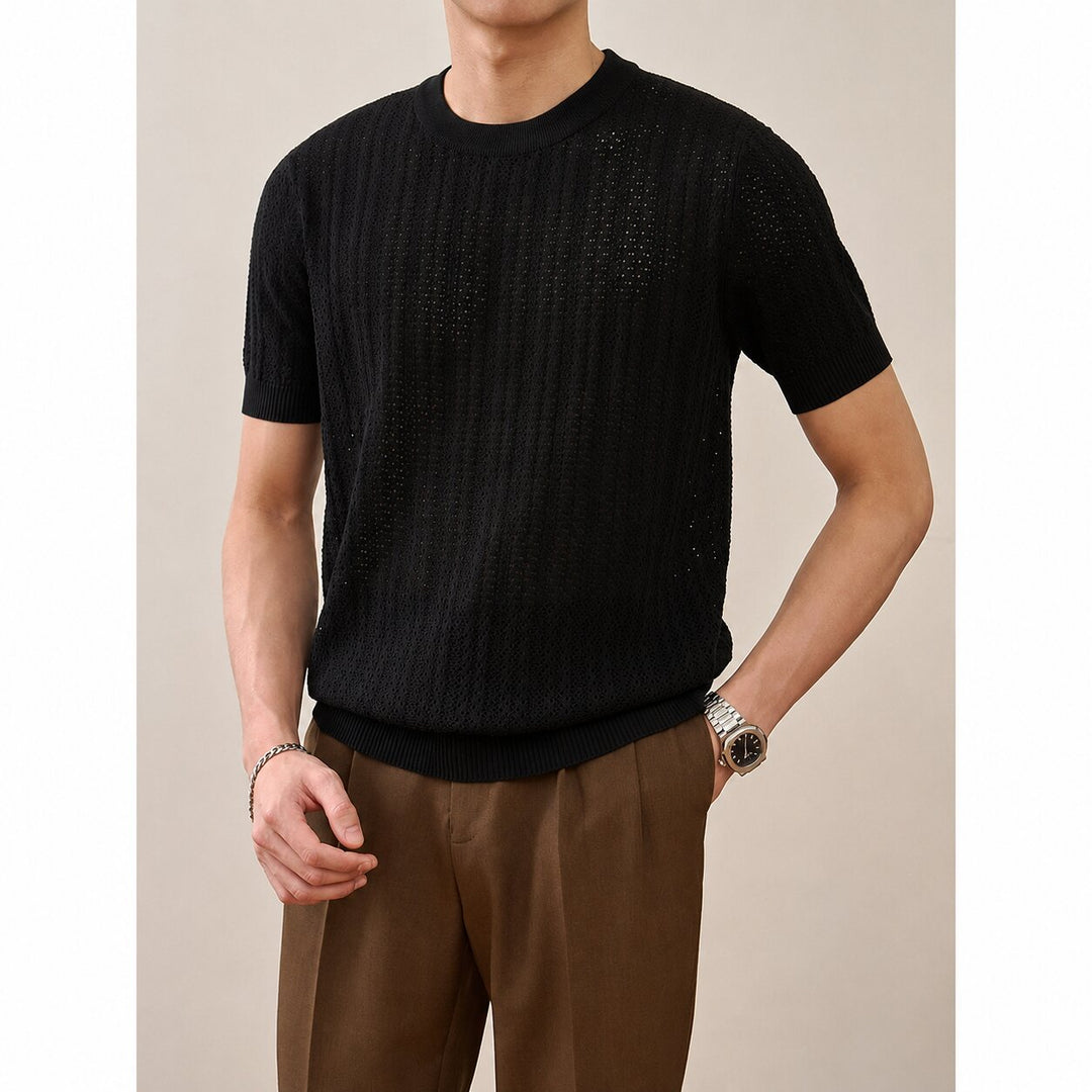 Men's textured knit T-shirt with short sleeves shown from the back