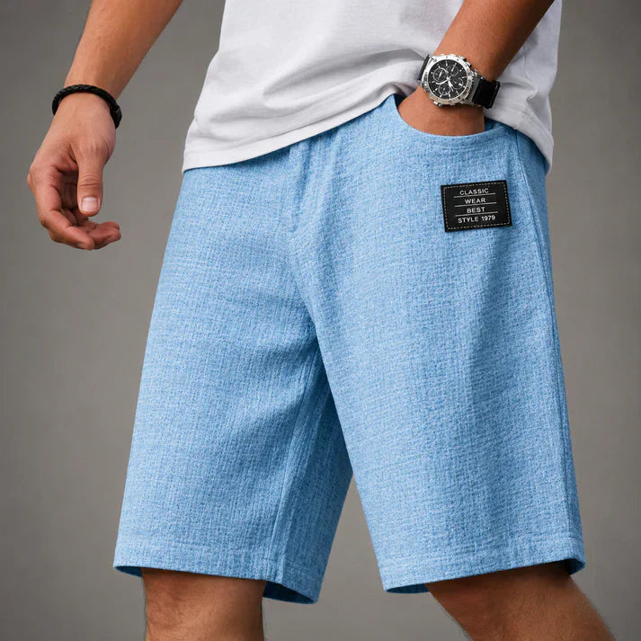 Side view of men's relaxed fit linen shorts