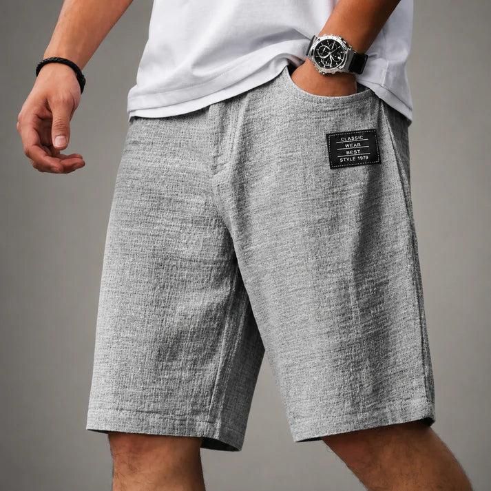 Men's relaxed fit linen shorts shown from the front