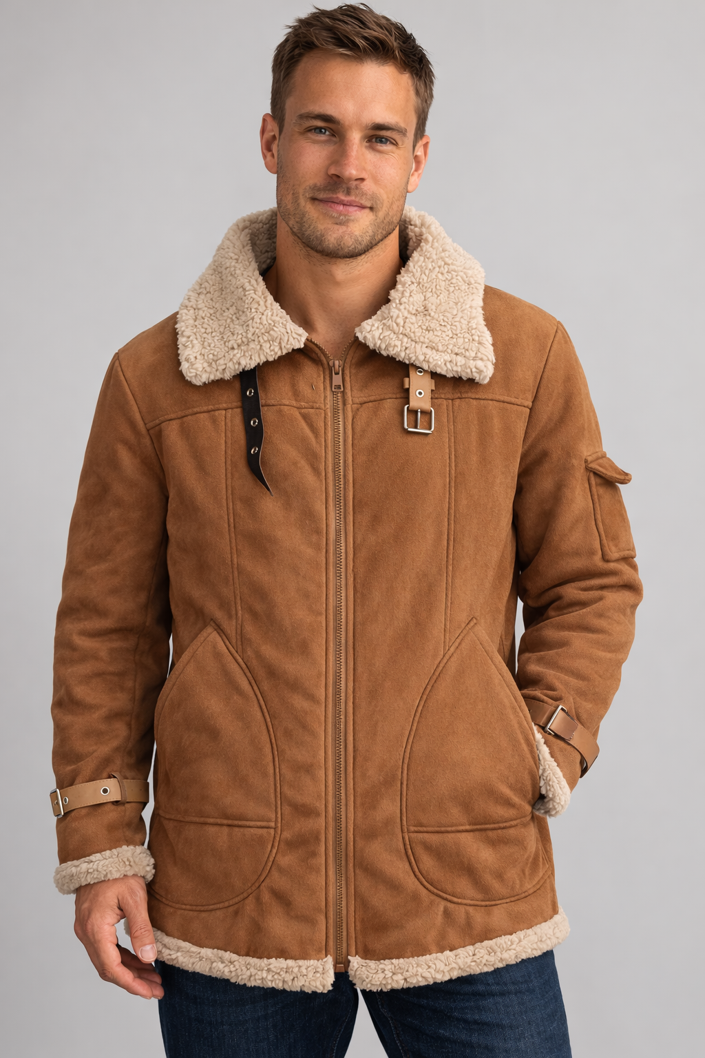 Men's faux leather bomber jacket shown from the front