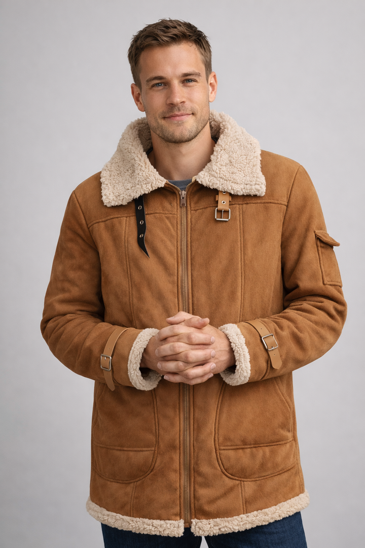 Men's faux leather bomber jacket shown from the back