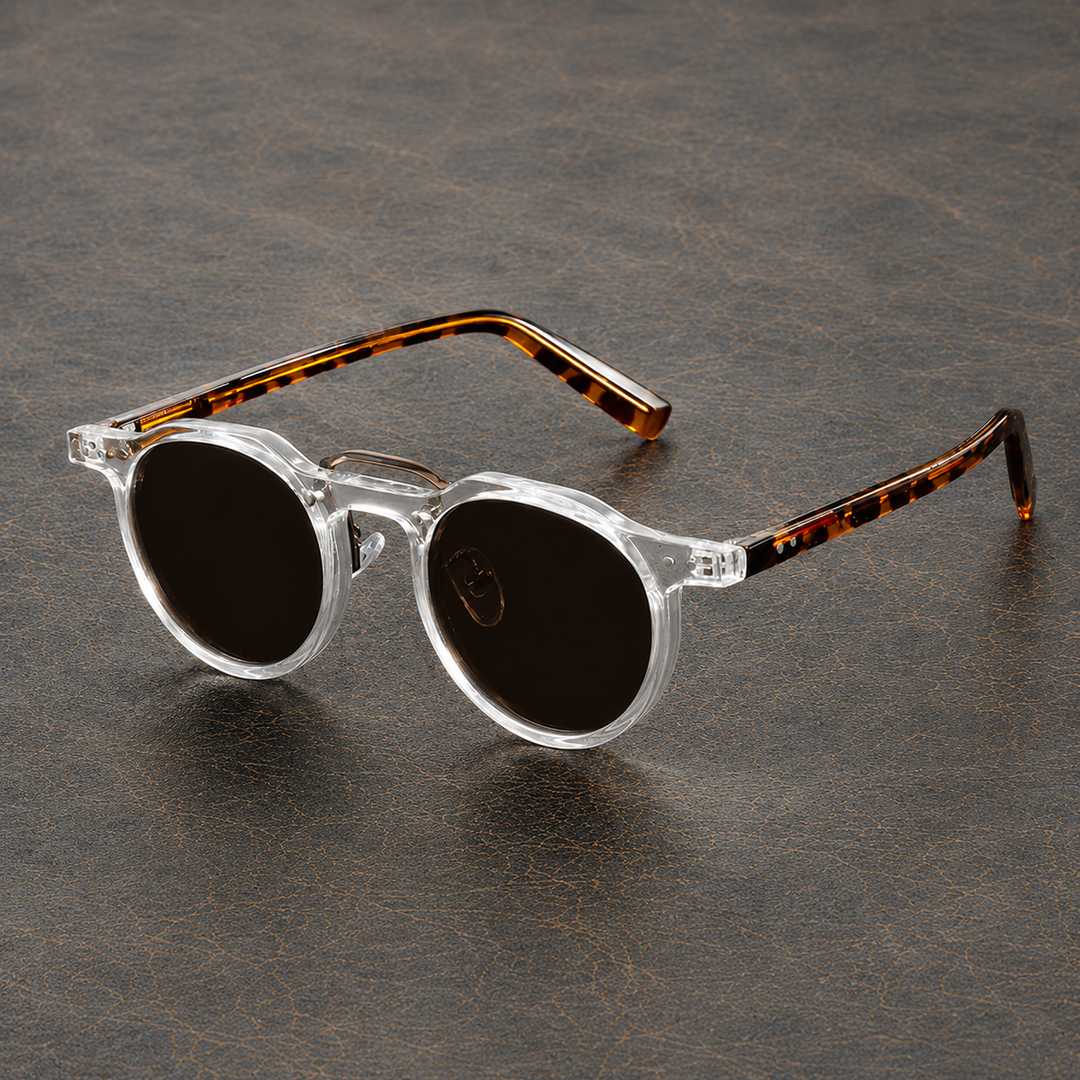 Men's round sunglasses with premium frame detail and tinted lenses