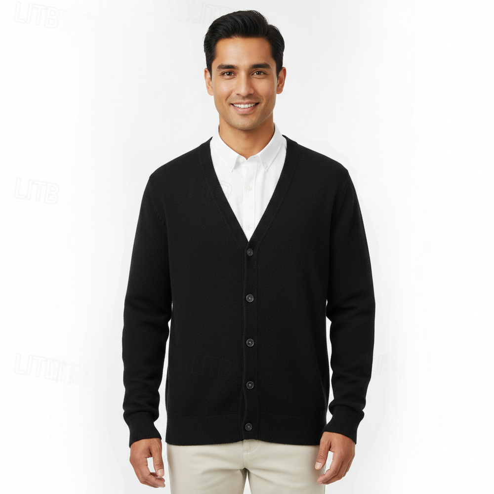 Men's regular-fit cardigan showing the V-neck and button front
