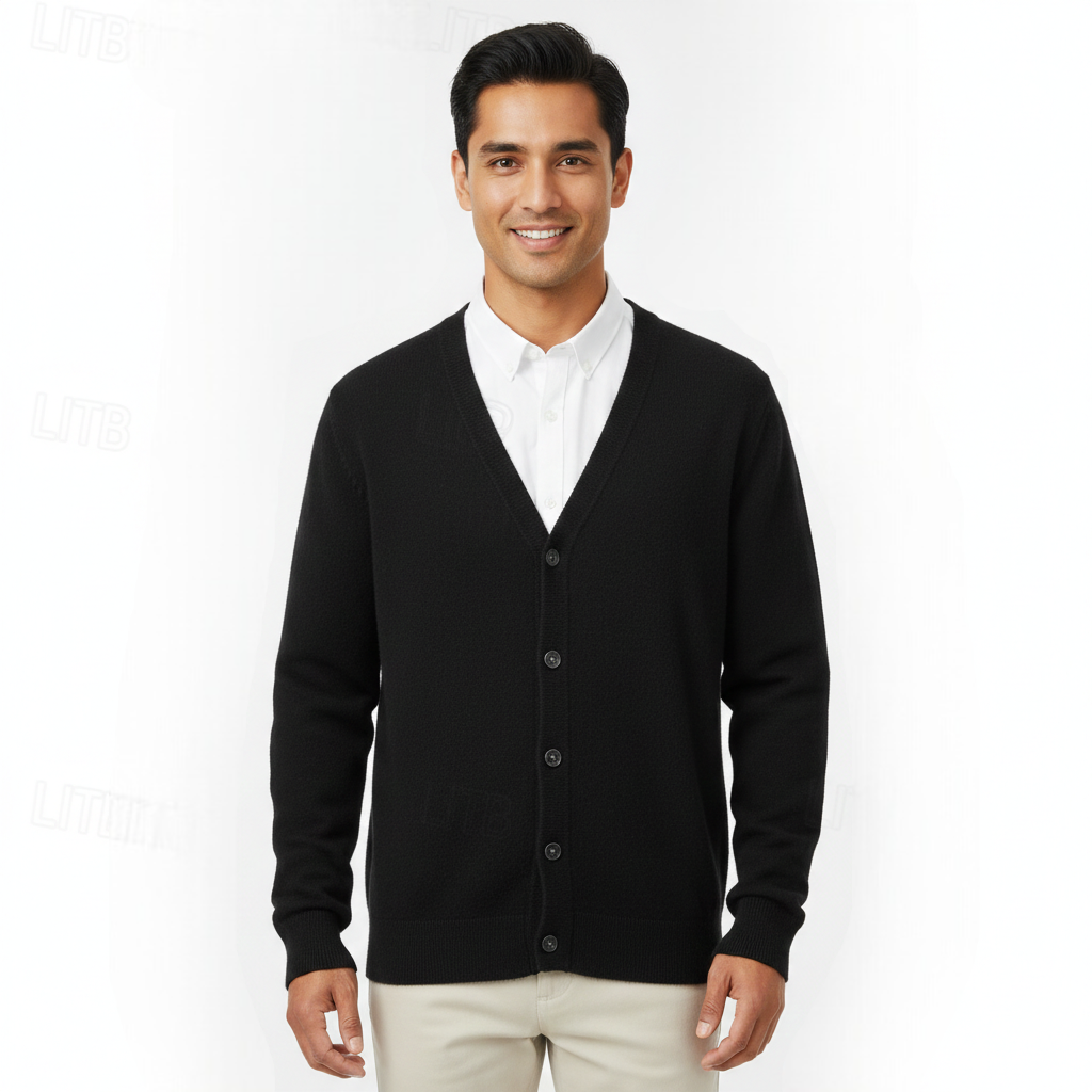 Men's regular-fit cardigan showing the V-neck and button front