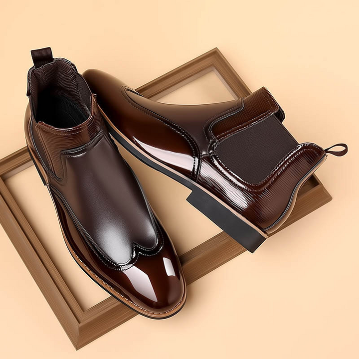 Side view of men's Chelsea boots highlighting the elastic side panels