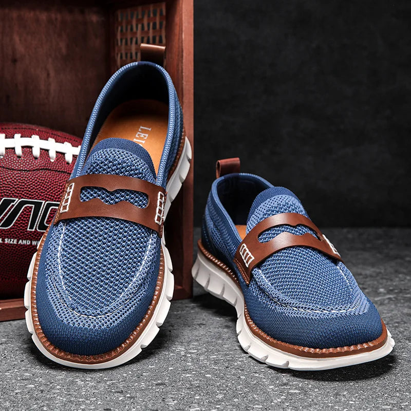 Close-up of the leather trim on a men's mesh penny loafer