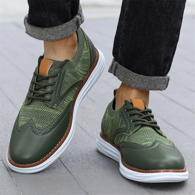 Men's mesh leather trainers angled view highlighting textured sole and upper