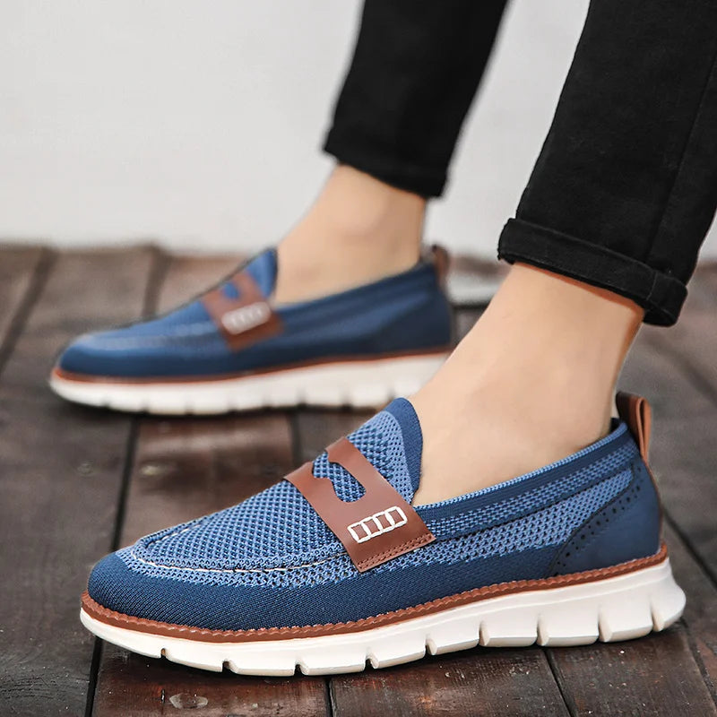 Front view of men's mesh penny loafers with a classic loafer shape